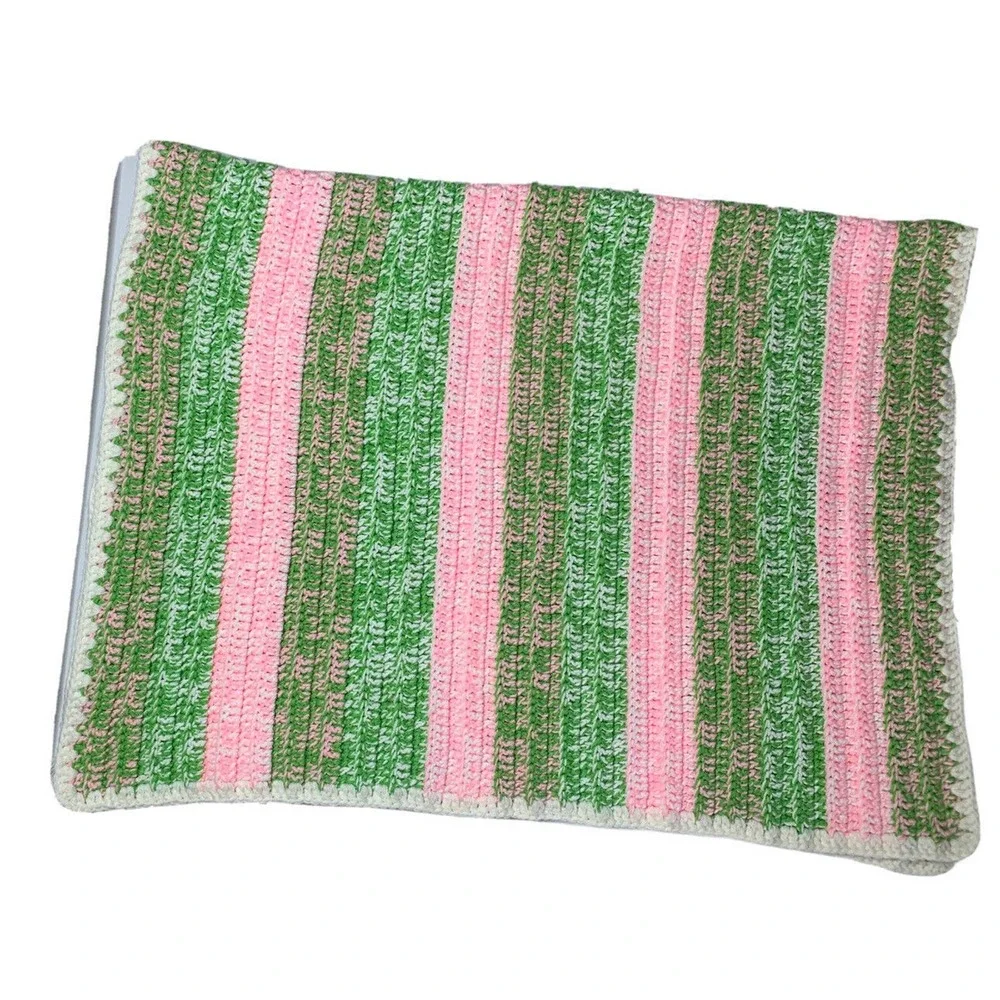 Handmade Crochet Toddler Baby Blanket Afghan Throw Pink Green White 60